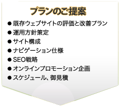 開発プラン提案  既存ウェブサイトの評価と改善プラン、運用方針策定、サイト構成、ナビゲーション仕様、SEO戦略、オンラインプロモーション企画 スケジュール、御見積 