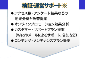 検証・運用サポート アクセス数・アンケート結果などの効果分析と改善提案 オンラインプロモーション効果分析 カスタマー・サポートプラン提案（Webやメールによるサポート、告知など） コンテンツ・メンテナンスプラン提案